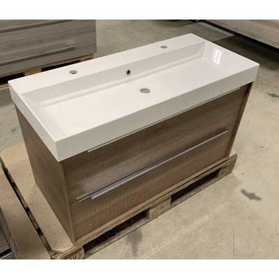 Sanitairstunthal Badmeubel 100 cm breed met mineraalmarmeren wastafel inclusief spiegel met verlichting.