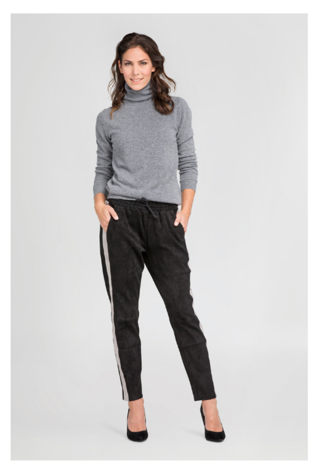 ZINGA Leather Black Stretch Suede Boyfriend Trousers NOAH with Side Stripe