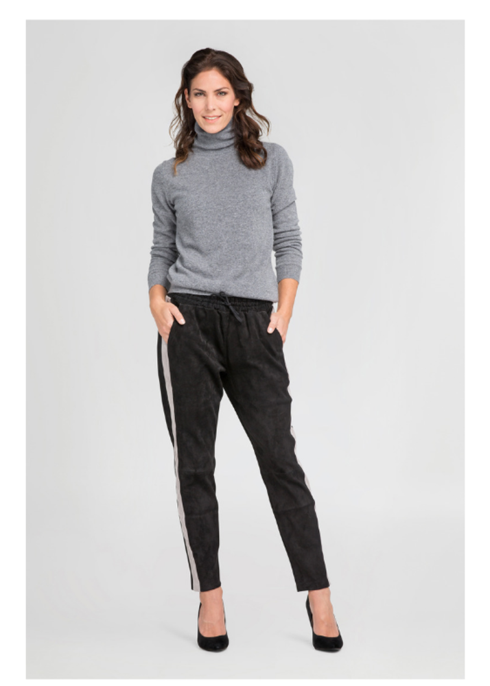 ZINGA Leather Black Stretch Suede Boyfriend Trousers NOAH with Side Stripe