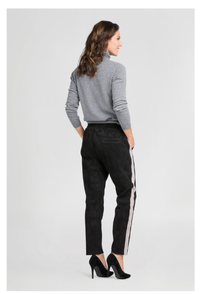 ZINGA Leather Black Stretch Suede Boyfriend Trousers NOAH with Side Stripe