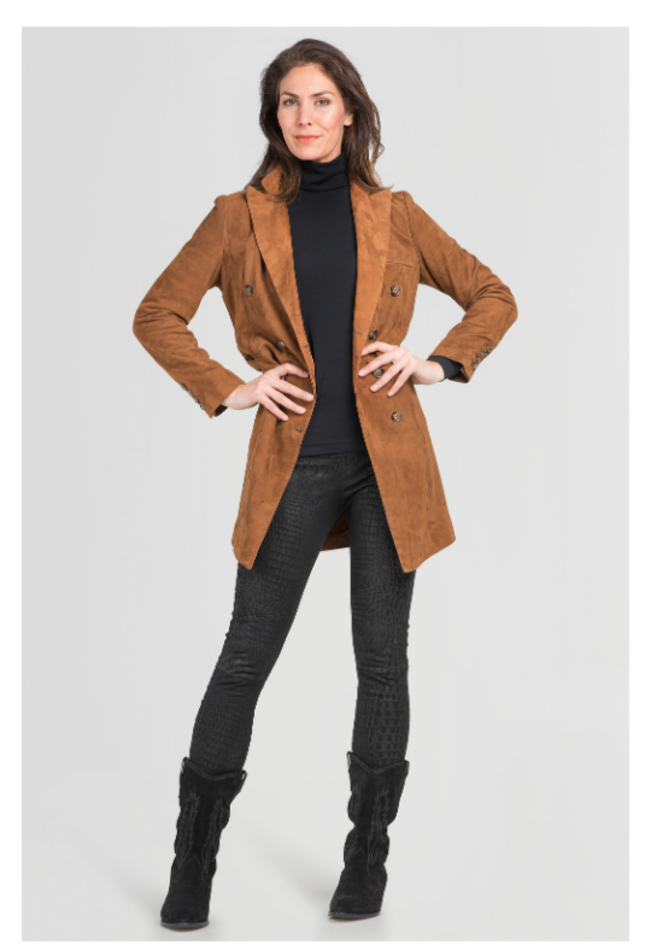 knoop Luchtpost Voorschrijven Lange suède dames blazer in cognac | Zinga Leather - ZINGA Leather