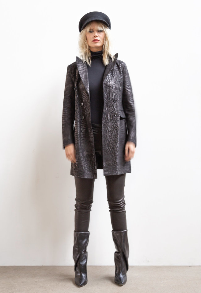ZINGA Leather Ledertrenchcoat aus geprägtem Veloursleder in Schwarz | HELENA 3999
