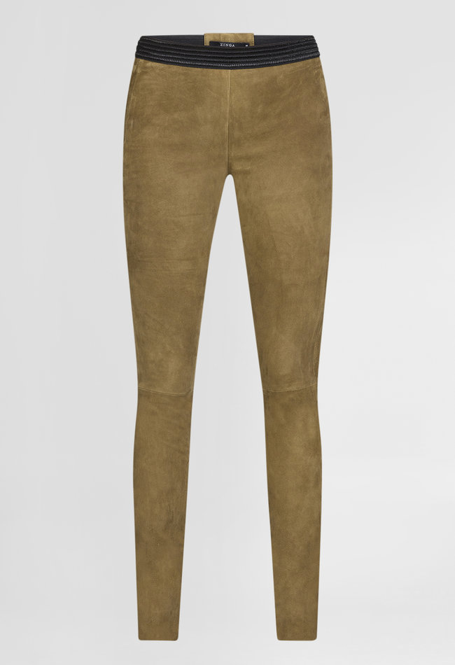 ZINGA Leather Exclusive Moss Green High Waist Stretch Suede Leggings for Long Legs