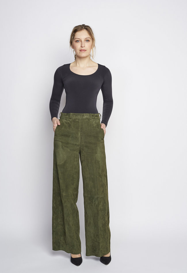 ZINGA Leather Exclusive Green Wide-Leg Suede Trousers with Stretch and Pockets