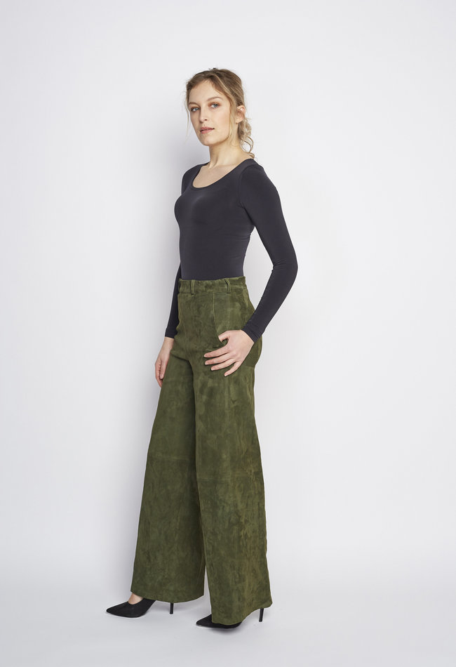 ZINGA Leather Exclusive Green Wide-Leg Suede Trousers with Stretch and Pockets