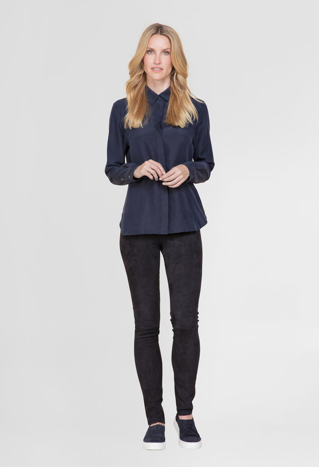 ZINGA Leather Exclusive Navy Blue High Waist Stretch Leather Leggings UMA with Extra Length