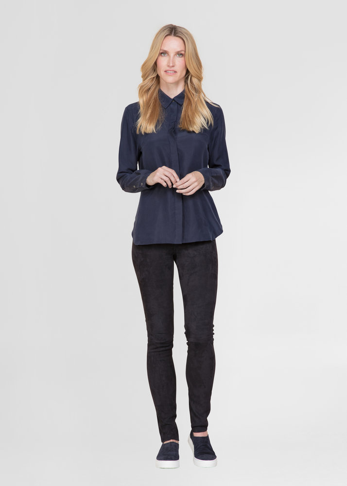 ZINGA Leather Exclusive Navy Blue High Waist Stretch Leather Leggings UMA with Extra Length