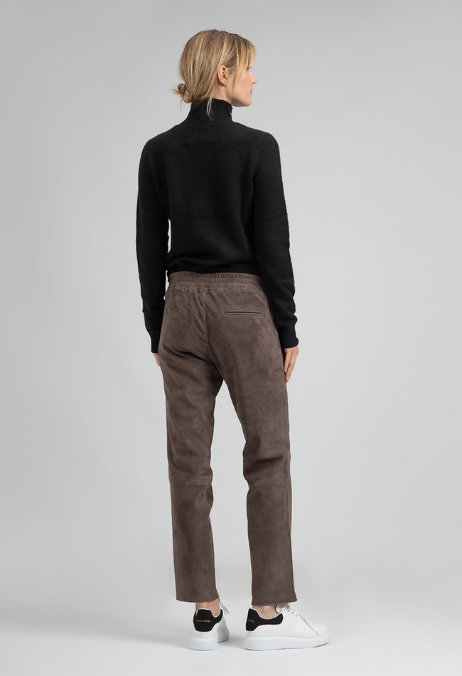 ZINGA Leather Boyfriend broek in stone suède, echt leer dames | Noah 4700