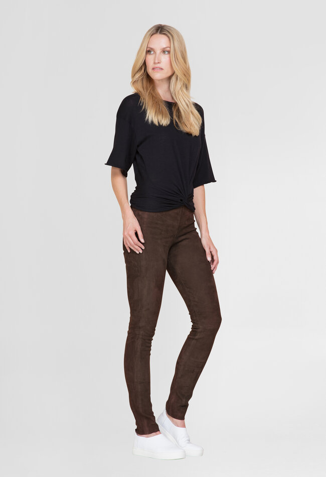 ZINGA Leather Exclusive Dark Brown High Waist Stretch Suede Leggings UMA with Extra Length