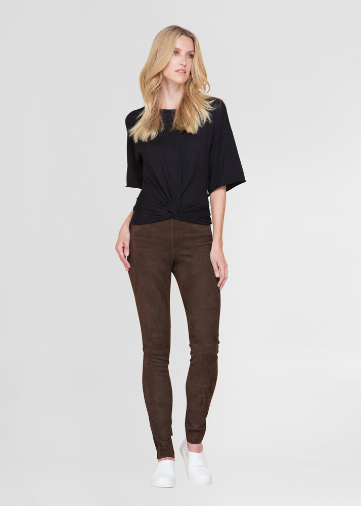 ZINGA Leather Exclusieve Donkerbruine High Waist Stretch-Suède Legging UMA met Extra Lengte