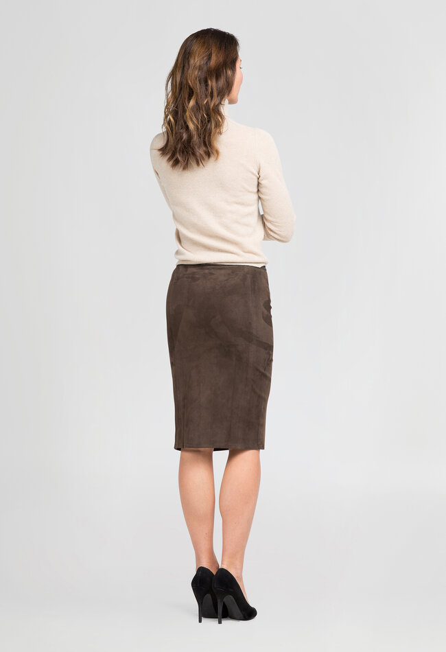 ZINGA Leather Exclusive Brown Pencil Skirt in Velvety-Soft Stretch Suede
