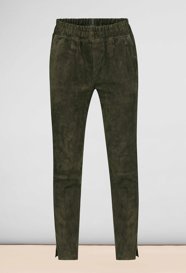 ZINGA Leather Exclusive Dark Green Stretch Suede Boyfriend Trousers NOAH with Pockets
