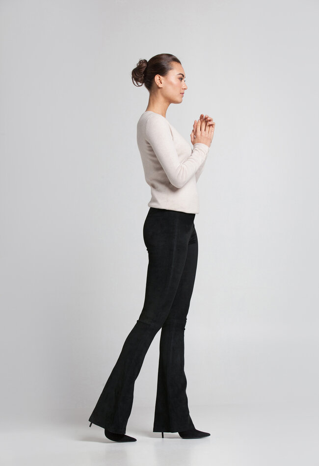 ZINGA Leather Black High Waisted Suede Flared Leggings with Elastic Waistband - Long Length