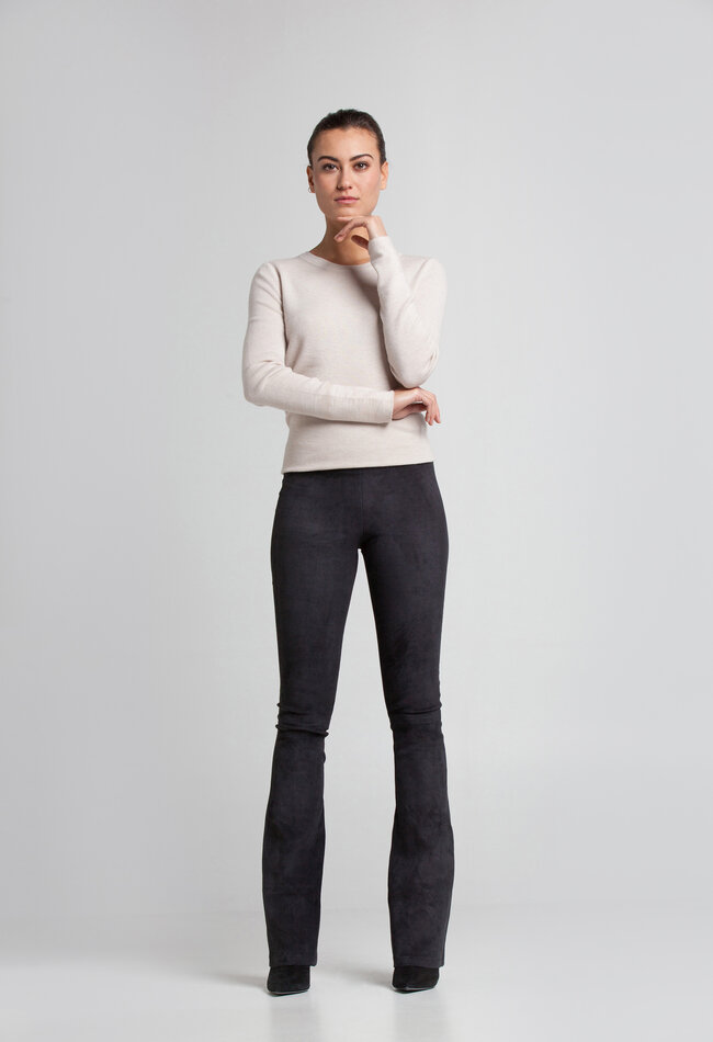 ZINGA Leather Black High Waisted Suede Flared Leggings with Elastic Waistband - Long Length