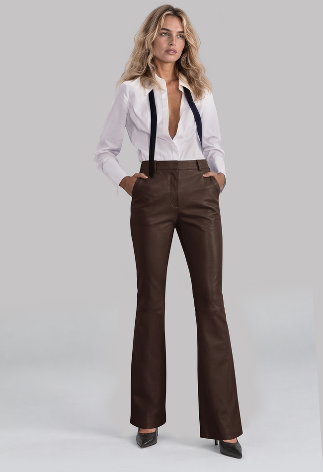 ZINGA Leather ZINGA Leather style FLO Mid-Rise Stretch Leather Slim Flare in color Brown