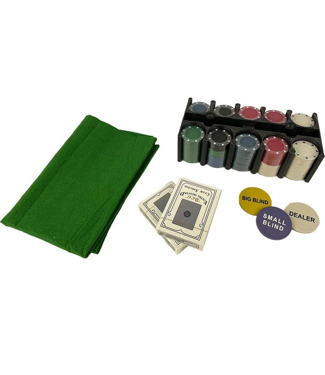 Pokerset 200 pokerchips - inclusief kaarten, pokermat en dealer, big blind en small blind