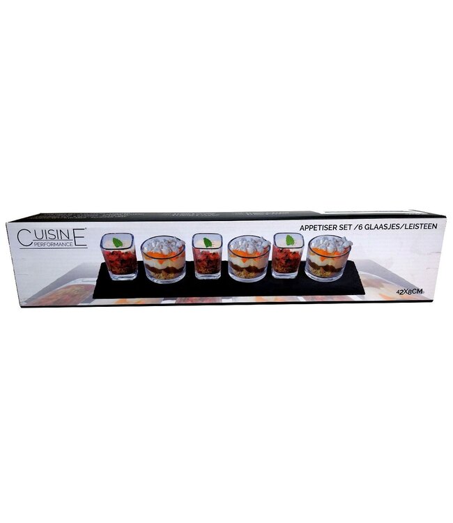 Tapasplank Leisteen met 6 Glaasjes - 42x8 cm - Aperatief set