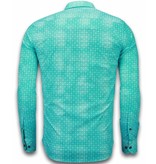 TONY BACKER Italiaanse Overhemden - Slim Fit Overhemd - Blouse Flower Icon Pattern - Turquoise