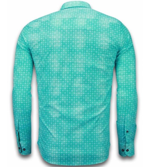 TONY BACKER Italiaanse Overhemden - Slim Fit Overhemd - Blouse Flower Icon Pattern - Turquoise