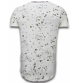 JUSTING Paint Drops Army Shirt - Long Fit T-shirt Green Dotted - Wit