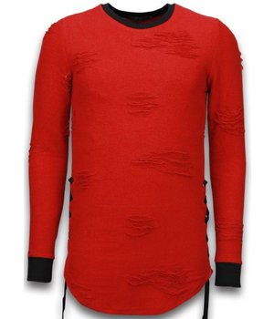 JUSTING Destroyed Look Trui - Side Laces Long Fit Sweater - Rood