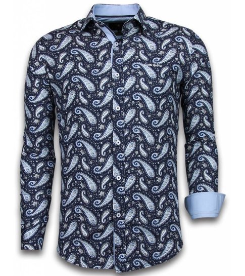 TONY BACKER Italiaanse Overhemden - Slim Fit Overhemd - Blouse Flower Pattern - Blauw