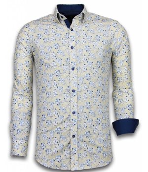 TONY BACKER Italiaanse Overhemden - Slim Fit Overhemd - Blouse Drawn Flower Pattern - Beige