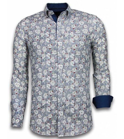 TONY BACKER Italiaanse Overhemden - Slim Fit Overhemd - Blouse Drawn Flower Pattern - Blauw