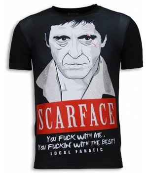 Local Fanatic Scarface Red Scar - Digital Rhinestone T-shirt - Zwart