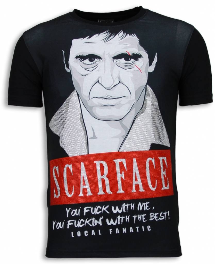 Local Fanatic Scarface Red Scar Digital Rhinestone T Shirt Zwart local fanatic kopen in de aanbieding