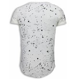 JUSTING Paint Drops Army Shirt - Long Fit T-shirt Black Dotted - Wit