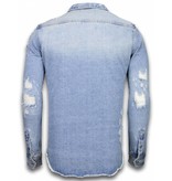 Enos Spijkerjasje - Denim Shirt - Spijkerblouse Slim Fit - Damaged Sleeves - Blauw