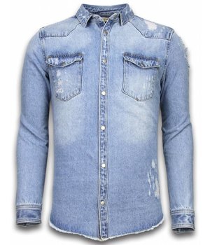Enos Spijkerjasje - Denim Shirt - Spijkerblouse Slim Fit - Damaged Sleeves - Blauw