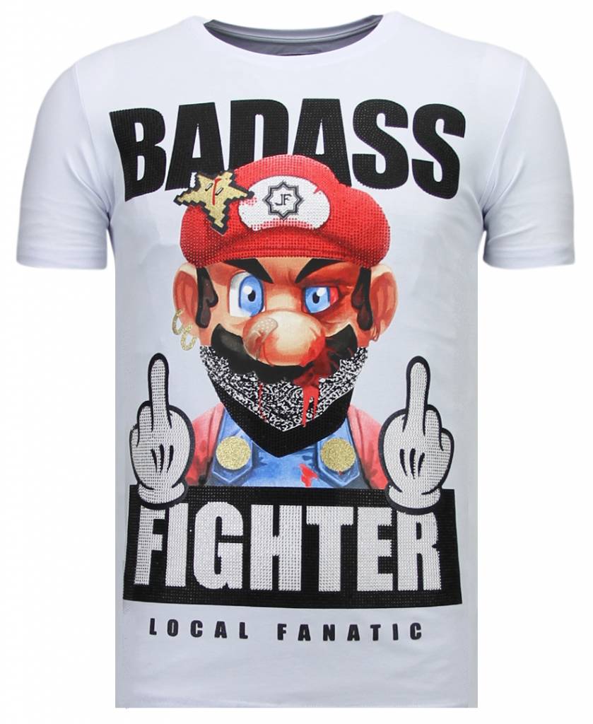 Local Fanatic Fight Club Mario Rhinestone T Shirt Wit local fanatic kopen in de aanbieding
