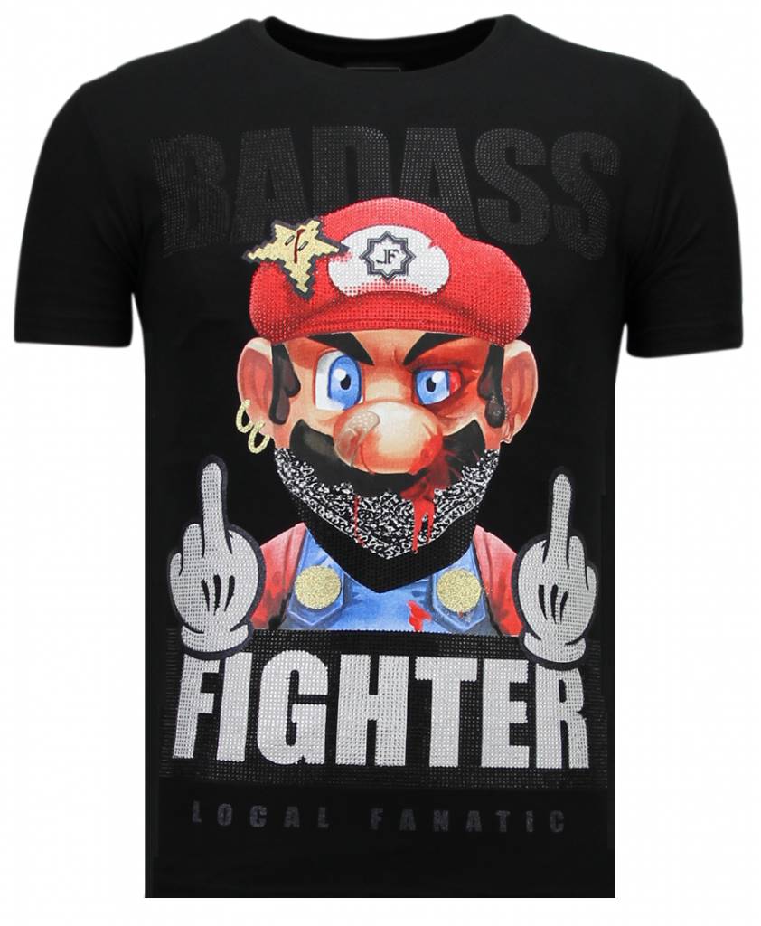 Local Fanatic Fight Club Mario Rhinestone T Shirt Zwart local fanatic kopen in de aanbieding