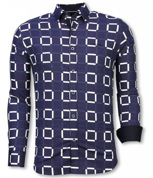 TONY BACKER Italiaanse Overhemden - Slim Fit Overhemd - Blouse Block Pattern - Blauw
