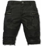 Enos Korte Broek Heren - Slim Fit Damaged Biker Jeans With Zippers - Zwart