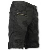 Enos Korte Broek Heren - Slim Fit Damaged Biker Jeans With Zippers - Zwart