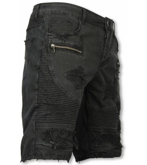 Enos Korte Broek Heren - Slim Fit Damaged Biker Jeans With Zippers - Zwart