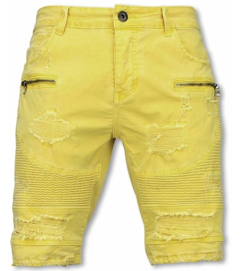 Enos Korte Broek Heren - Slim Fit Damaged Biker Jeans With Zippers - Geel