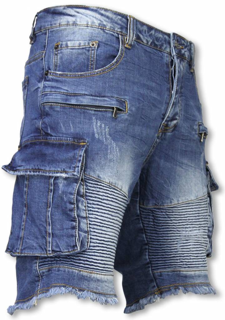 Korte Broek Heren - Slim Fit Biker Denim Pocket Jeans - Blauw - Style Italy