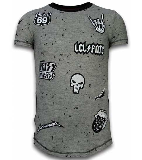 Local Fanatic Longfit Asymmetric Embroidery - T-Shirt Patches - Rockstar - Grijs