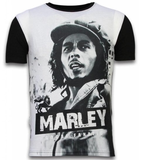 Local Fanatic Bob Marley Black And White - Digital Rhinestone T-shirt - Zwart