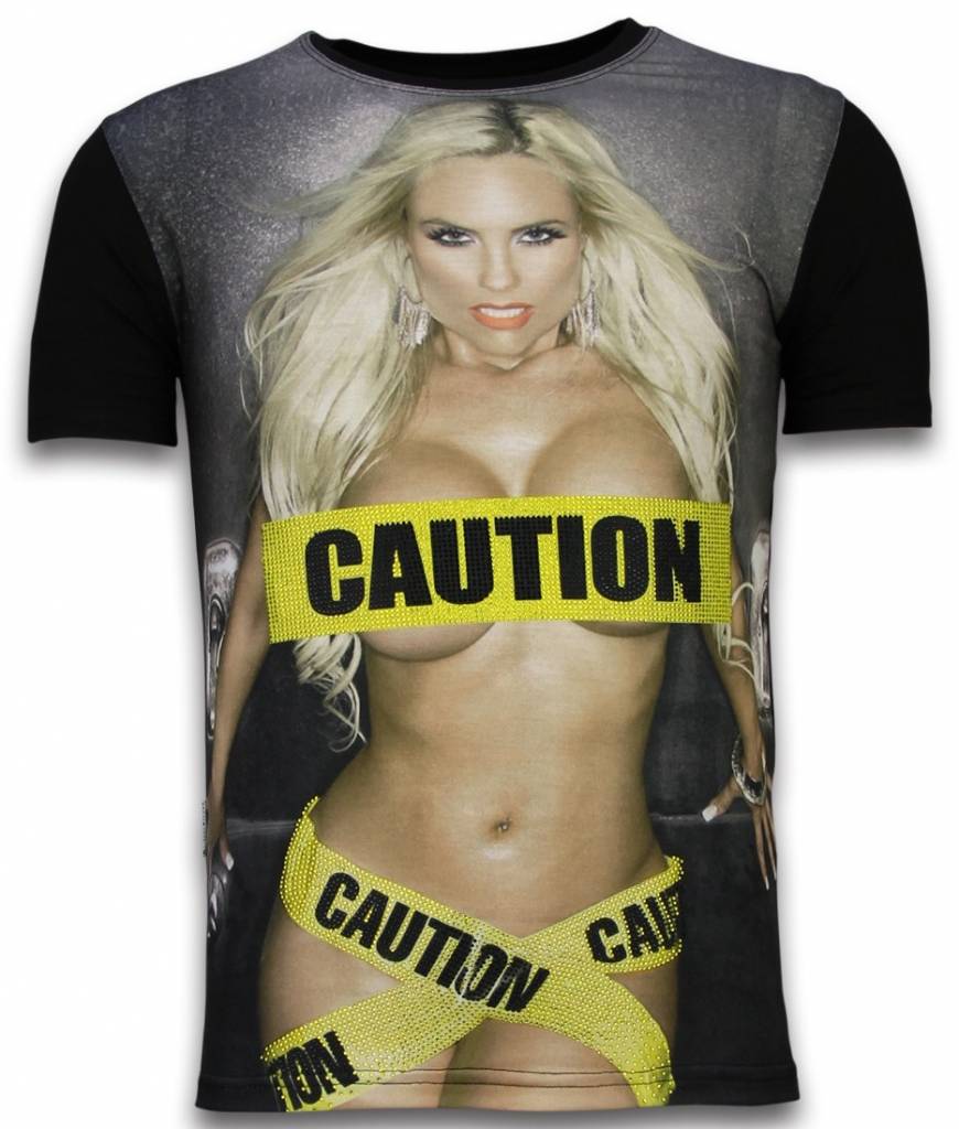 Local Fanatic Caution Digital Rhinestone T Shirt Zwart local fanatic kopen in de aanbieding