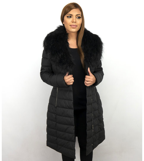 Gentile Bellini Lange Dames Winterjas Parka – Met Zwarte Faux Bontkraag – Zwart