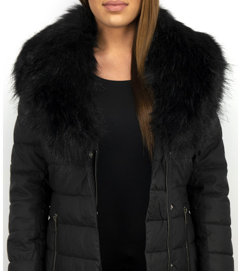 Gentile Bellini Lange Dames Winterjas Parka – Met Zwarte Faux Bontkraag – Zwart