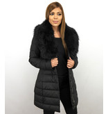 Gentile Bellini Lange Parka Dames Winterjas – Met Zwarte  Faux Bontkraag – Zwart