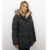 MATOGLA Bontjassen - Dames Winterjas Wooly Lang - Bontkraag - Parka Steekzakken - Zwart