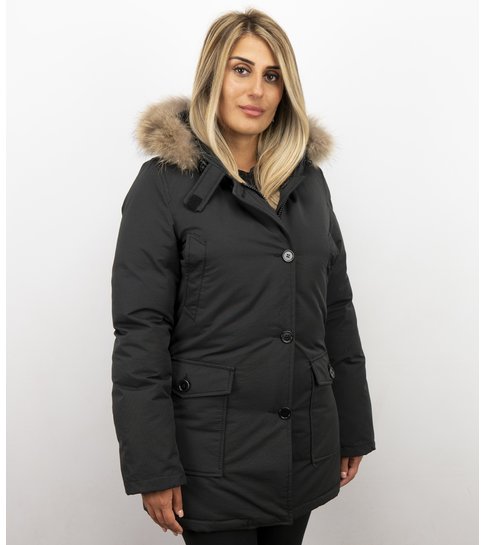 MATOGLA Bontjassen - Dames Winterjas Wooly Lang - Bontkraag - Parka Steekzakken - Zwart