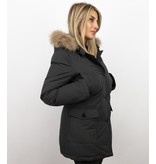 MATOGLA Bontjassen - Dames Winterjas Wooly Lang - Bontkraag - Parka Steekzakken - Zwart